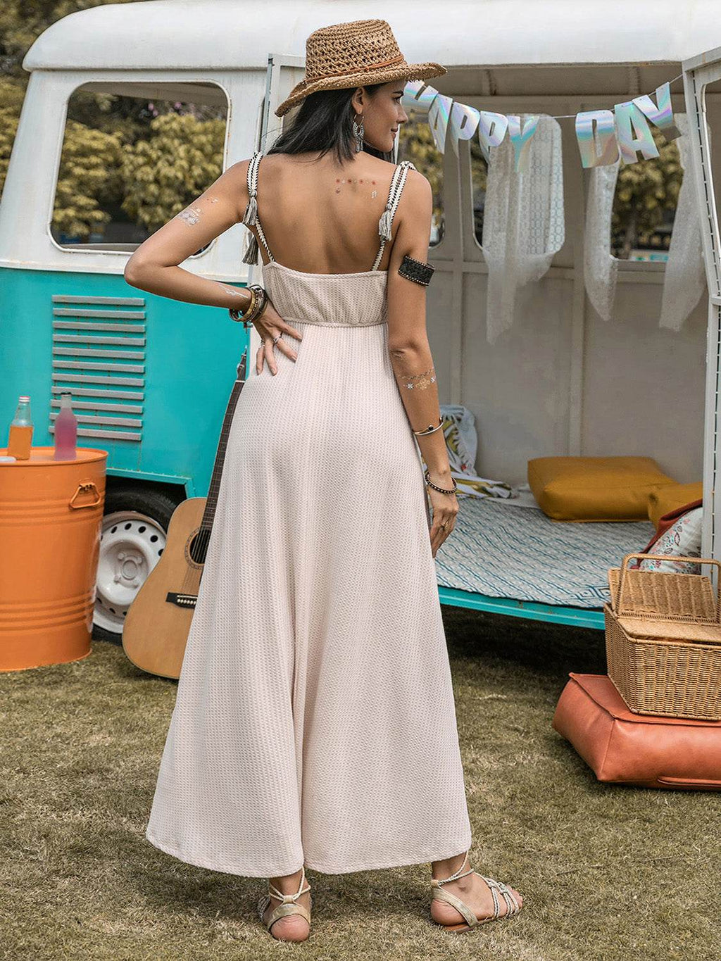 Waffle-Knit Tied Spaghetti Strap Dress - Delanoir