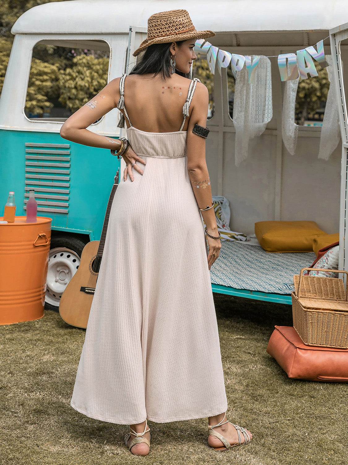 Waffle-Knit Tied Spaghetti Strap Dress - Delanoir