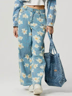 Pocketed Floral Wide Leg Jeans - Delanoir