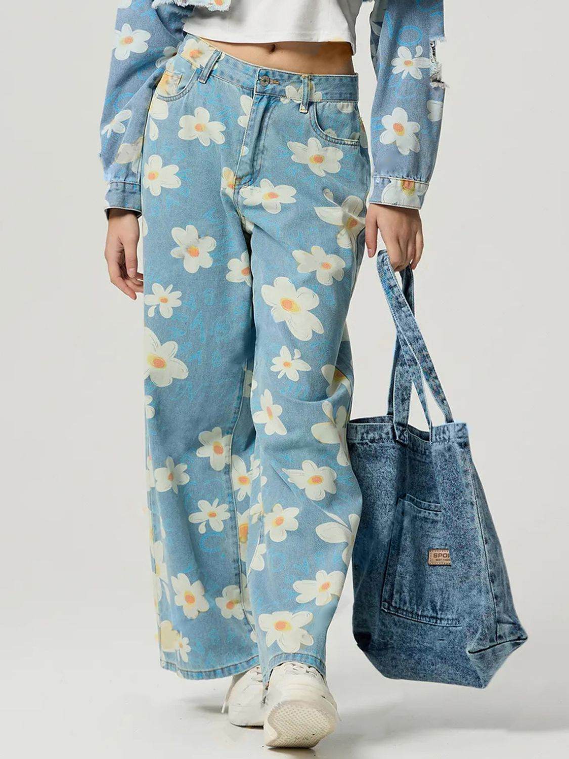 Pocketed Floral Wide Leg Jeans - Delanoir