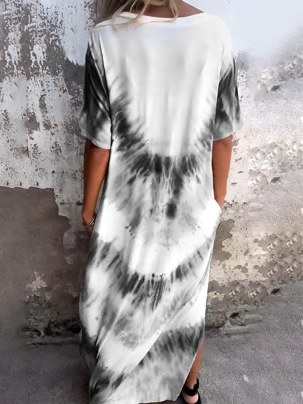 Full Size Pocketed Tie-Dye Short Sleeve Dress - Delanoir
