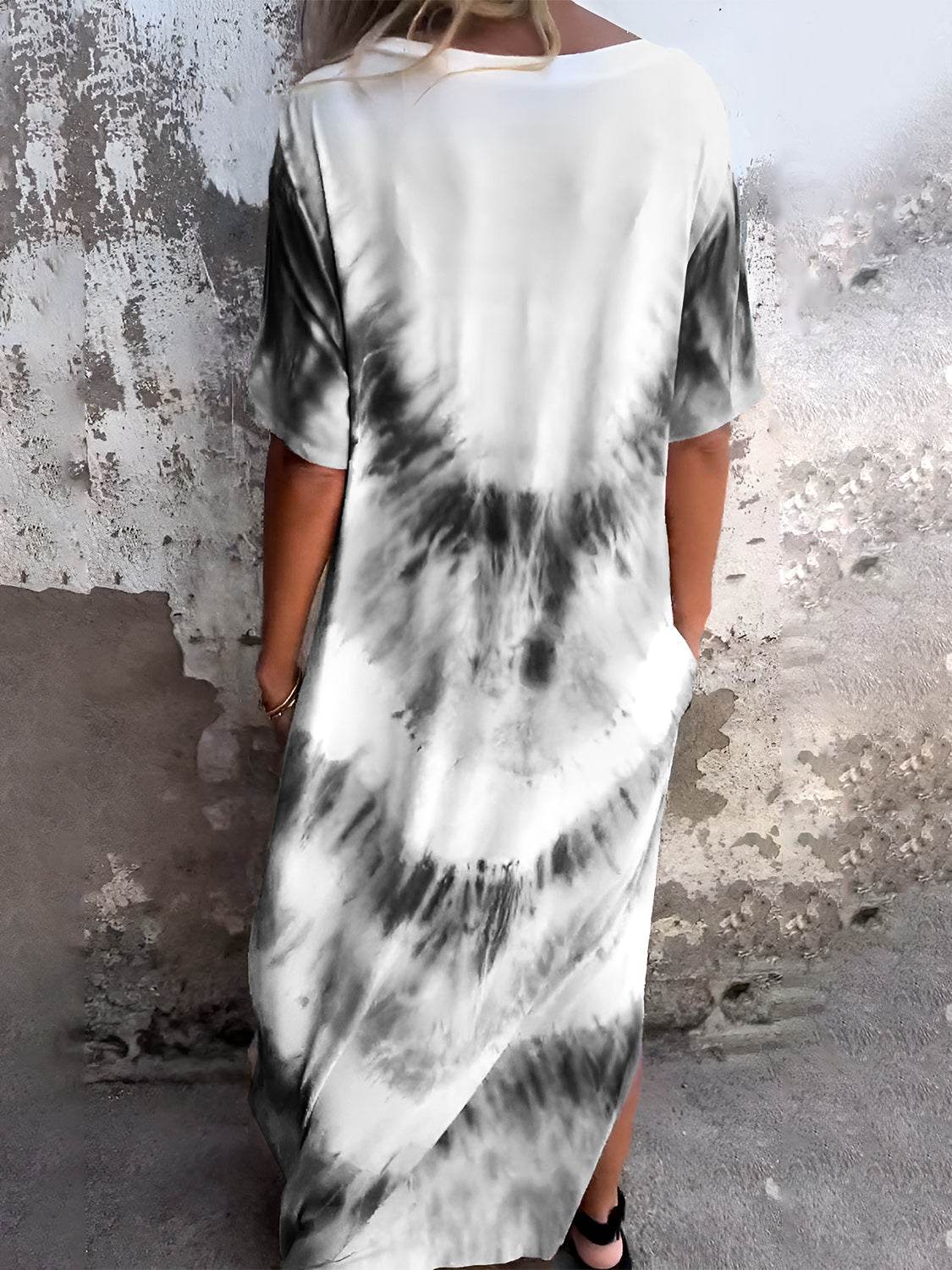 Full Size Pocketed Tie-Dye Short Sleeve Dress - Delanoir