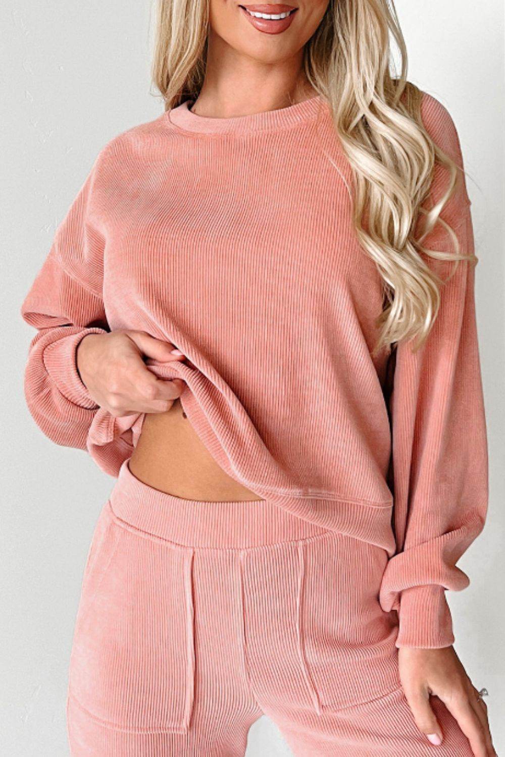 Round Neck Long Sleeve Top and Pants Set - Delanoir