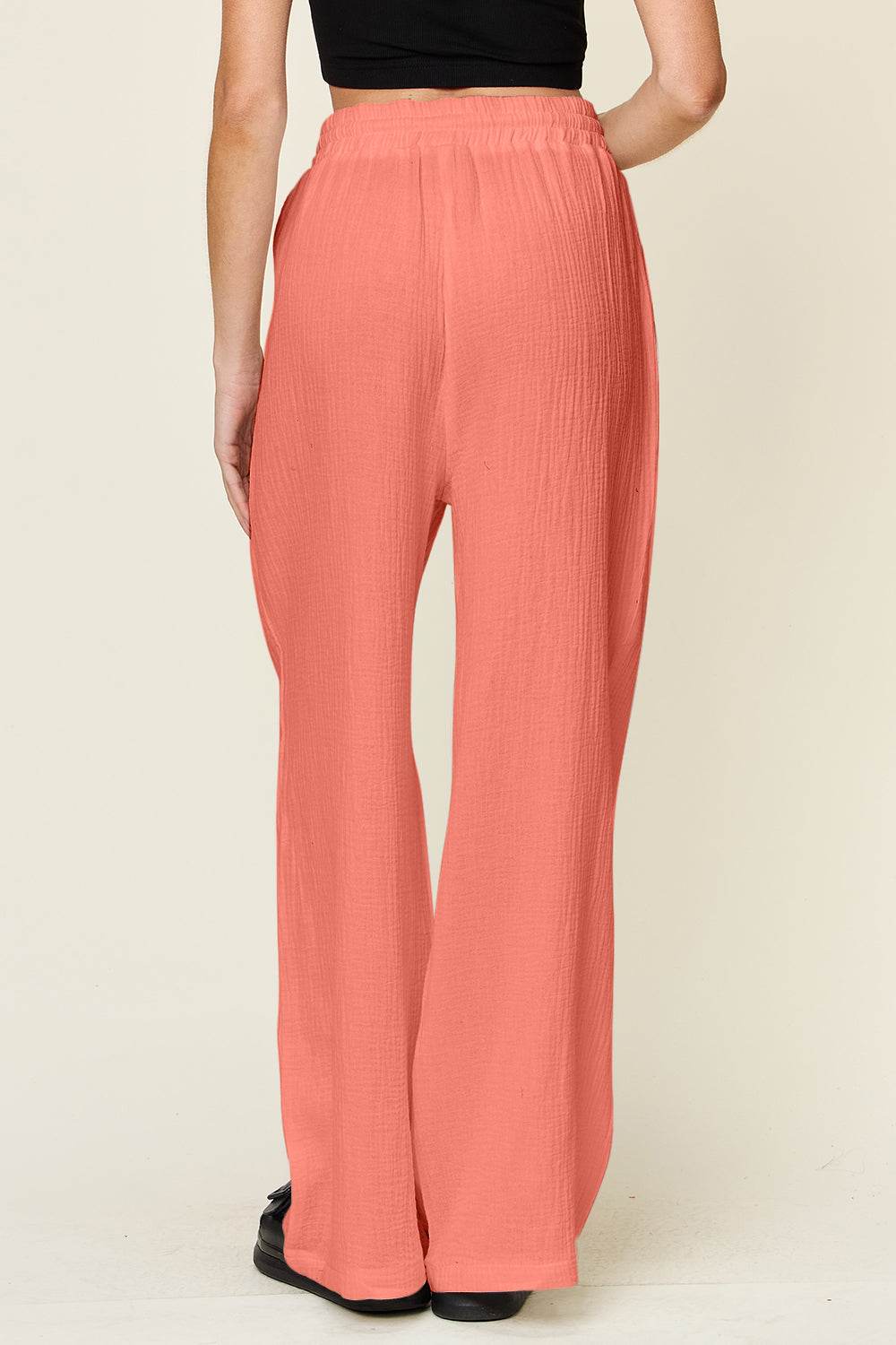 Double Take Full Size Texture Drawstring Wide Leg Pants - Delanoir