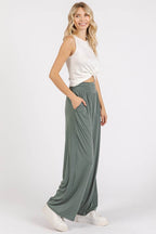Mittoshop Stretch Banded Waist Wide Leg Pants with Pockets - Delanoir