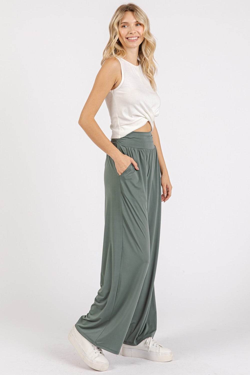 Mittoshop Stretch Banded Waist Wide Leg Pants with Pockets - Delanoir