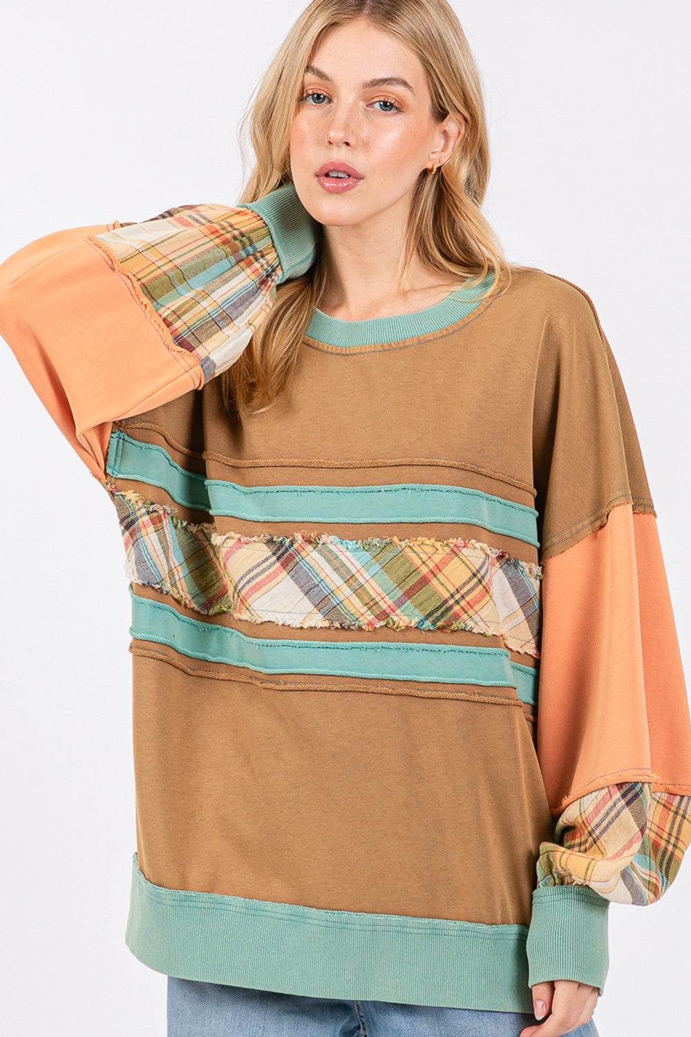 SAGE + FIG Mineral Wash Raw Edge Color Block Sweatshirt - Delanoir