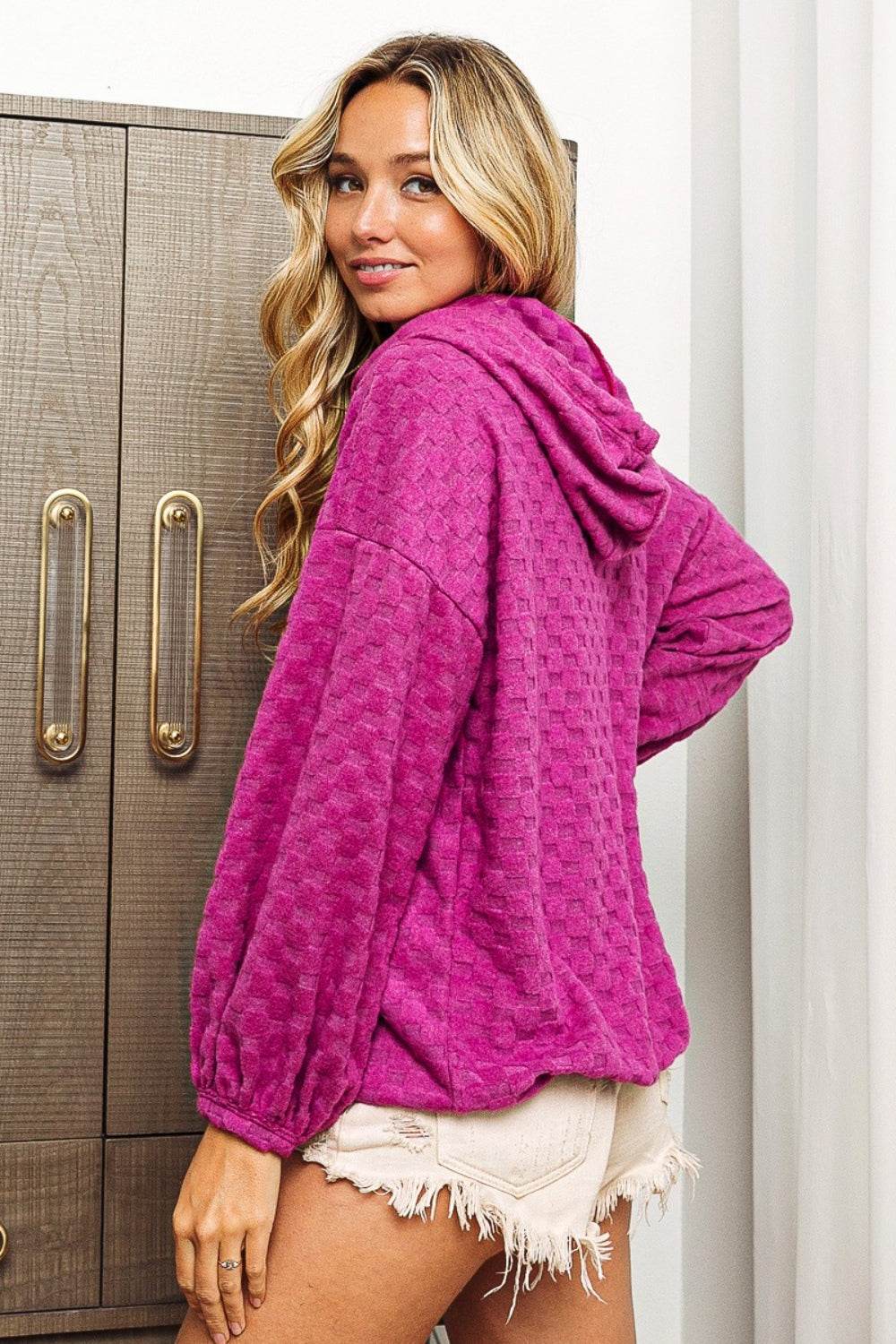 BiBi Brushed Checker Drawstring Long Sleeve Hoodie - Delanoir