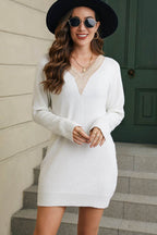 V-Neck Long Sleeve Mini Sweater Dress - Delanoir