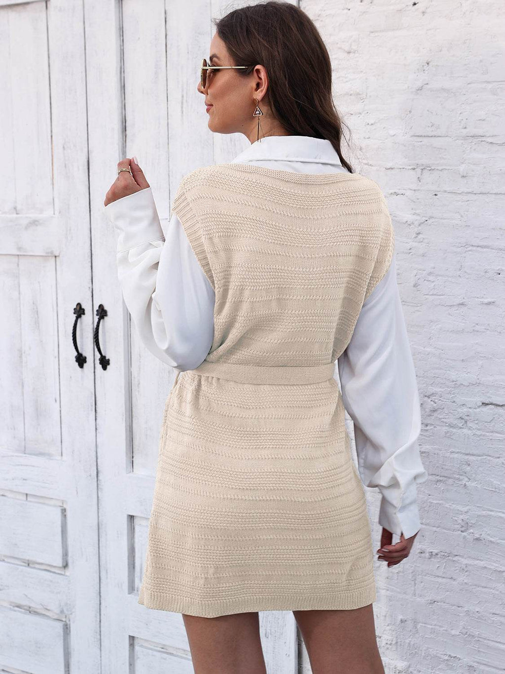 Tie Front V-Neck Sleeveless Slit Sweater Dress - Delanoir