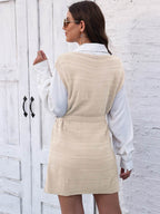 Tie Front V-Neck Sleeveless Slit Sweater Dress - Delanoir
