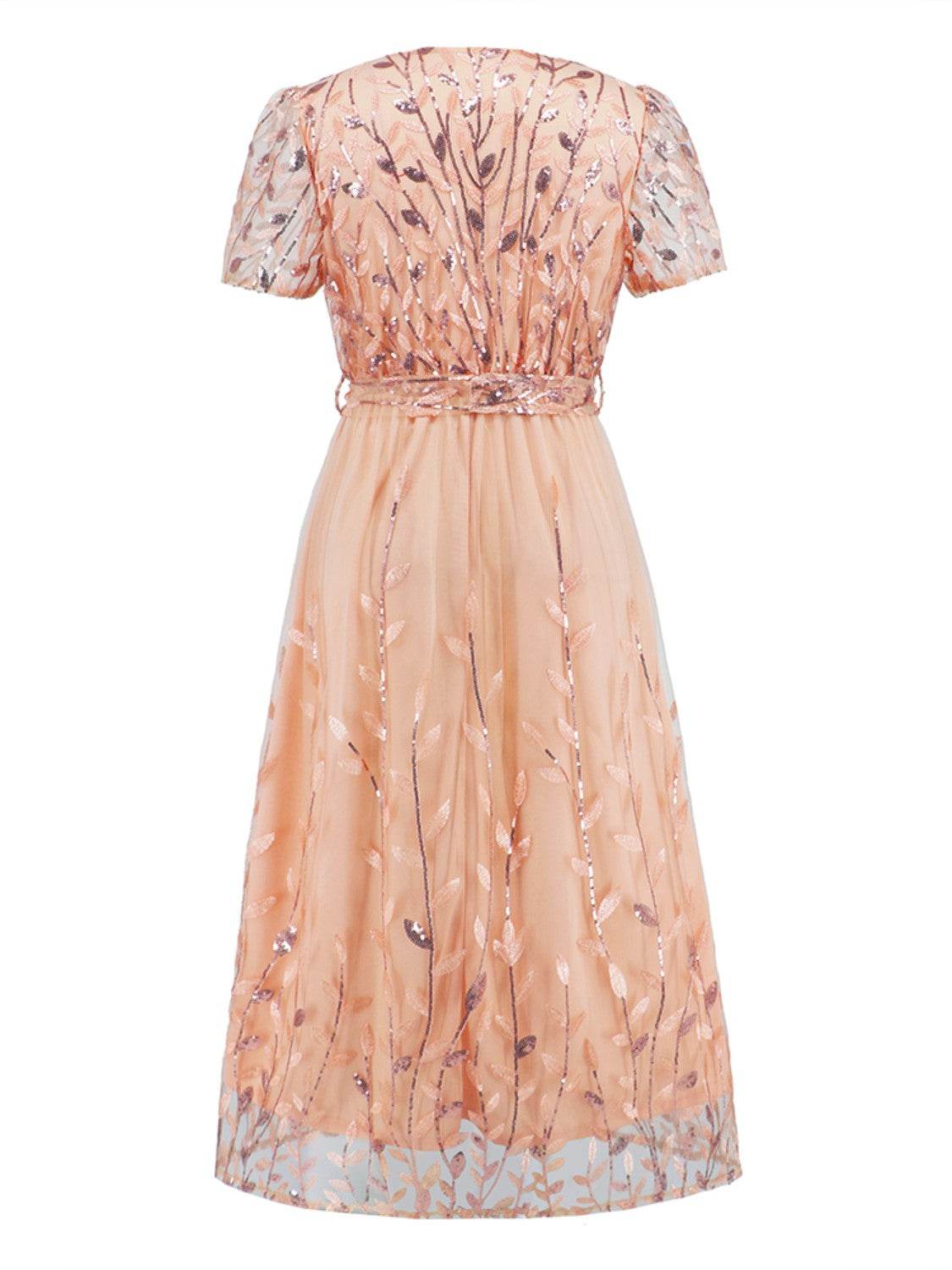 Sequin Leaf Embroidery Tie Front Short Sleeve Dress - Delanoir