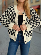 Checkered Button Up Round Neck Cardigan - Delanoir