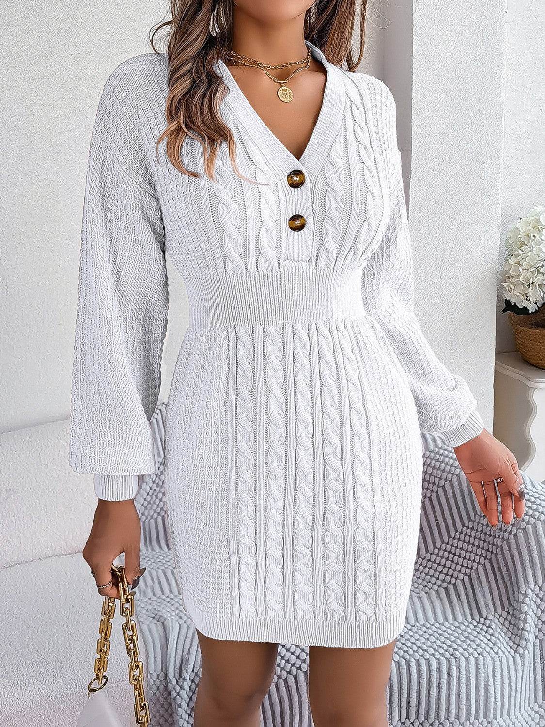 Buttoned Cable-Knit V-Neck Sweater Dress - Delanoir