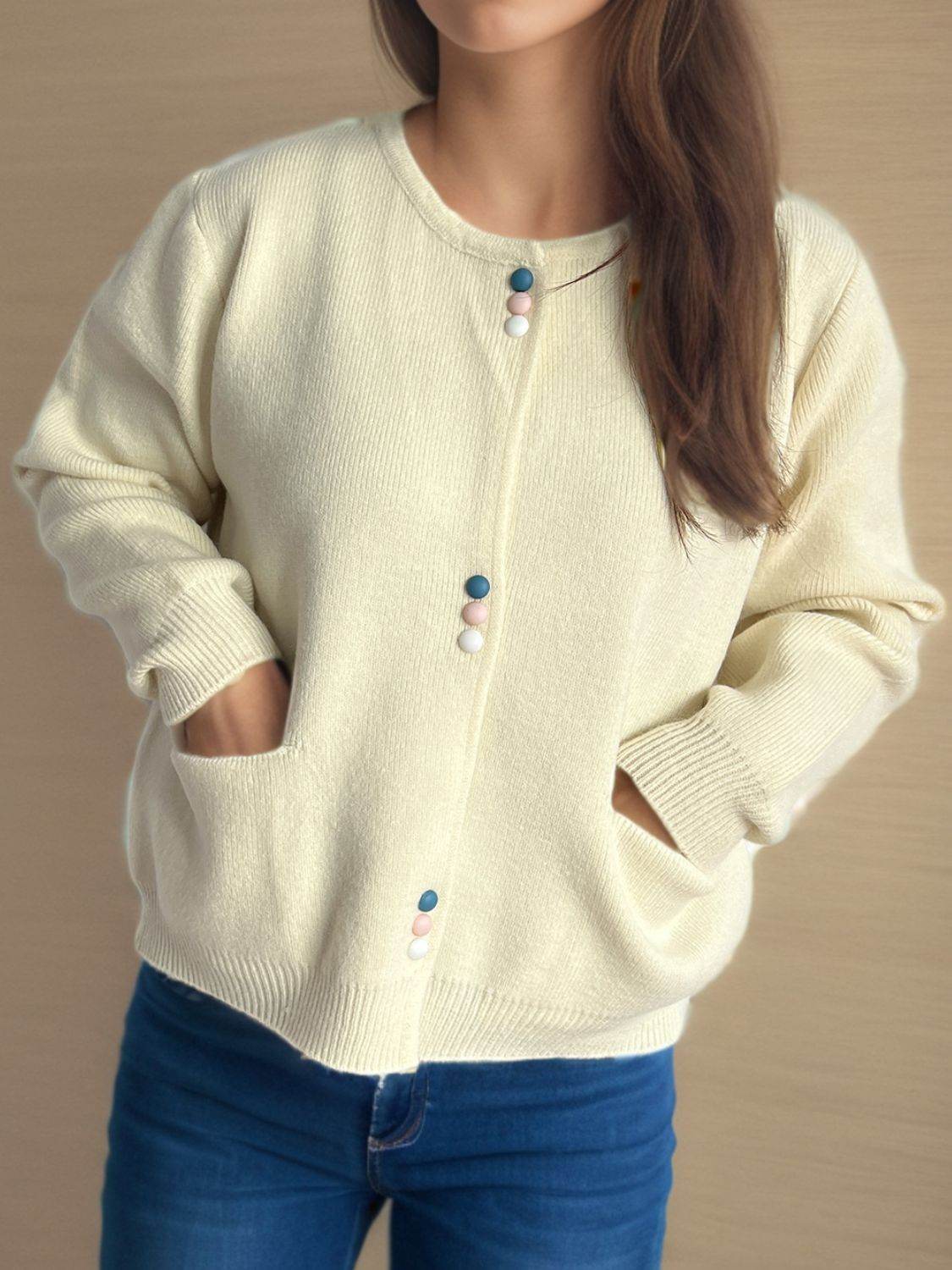 Button Down Long Sleeve Cardigan with Pockets - Delanoir