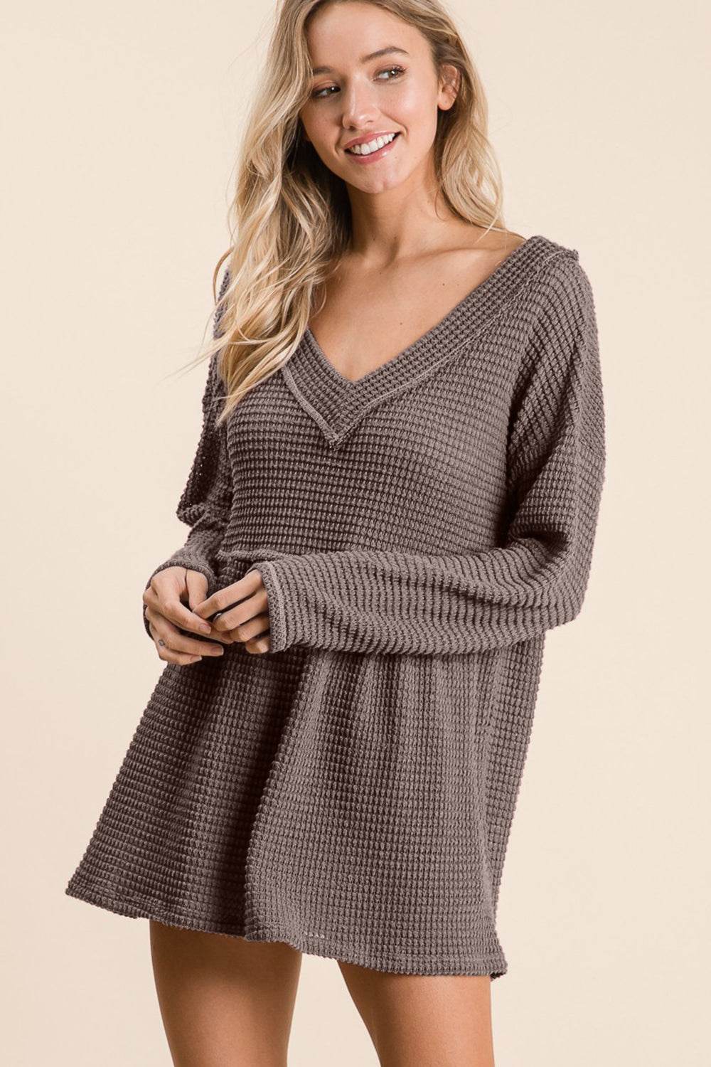 BiBi Waffle Knit V-Neck Babydoll Blouse - Delanoir