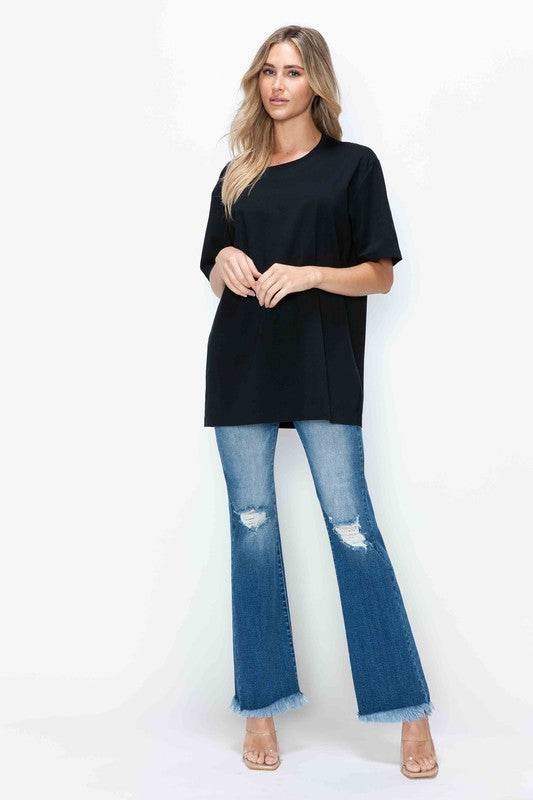 bytos Full Size Raw Hem Distressed High Rise Bootcut Jeans - Delanoir