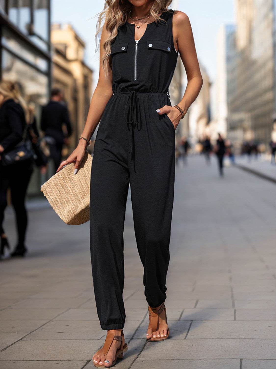 Perfee Half Zip Sleeveless Jumpsuit with Pockets - Delanoir