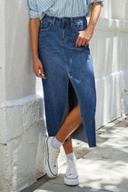Slit Raw Hem Midi Denim Skirt - Delanoir