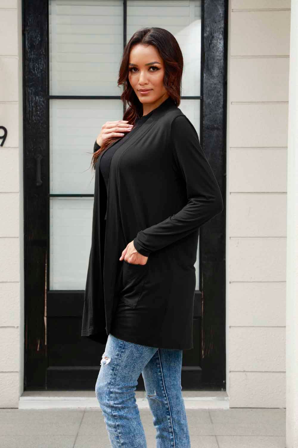 Basic Bae Full Size Open Front Long Sleeve Cardigan with Pockets - Delanoir