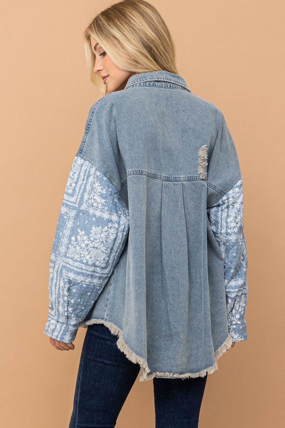 And The Why Full Size Paisley Print Quilted Sleeves Denim Jacket - Delanoir