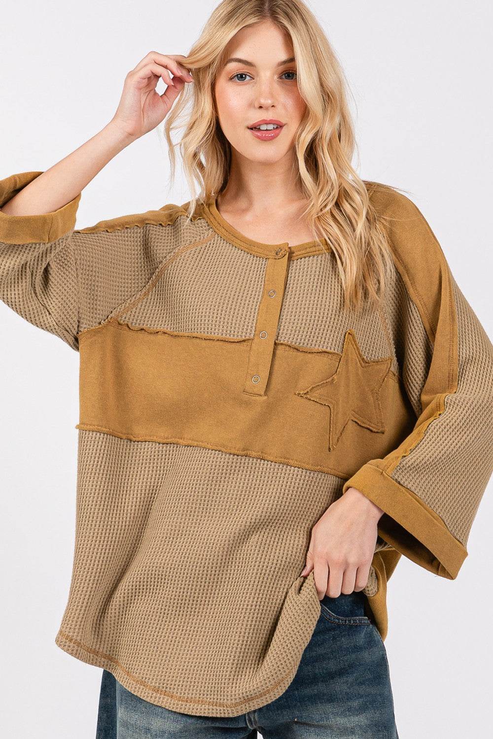 SAGE + FIG Star Applique Patch Exposed Seam Waffle Knit Top - Delanoir