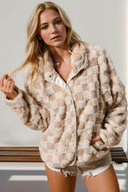 Double Take Checkered Long Sleeve Fuzzy Jacket - Delanoir