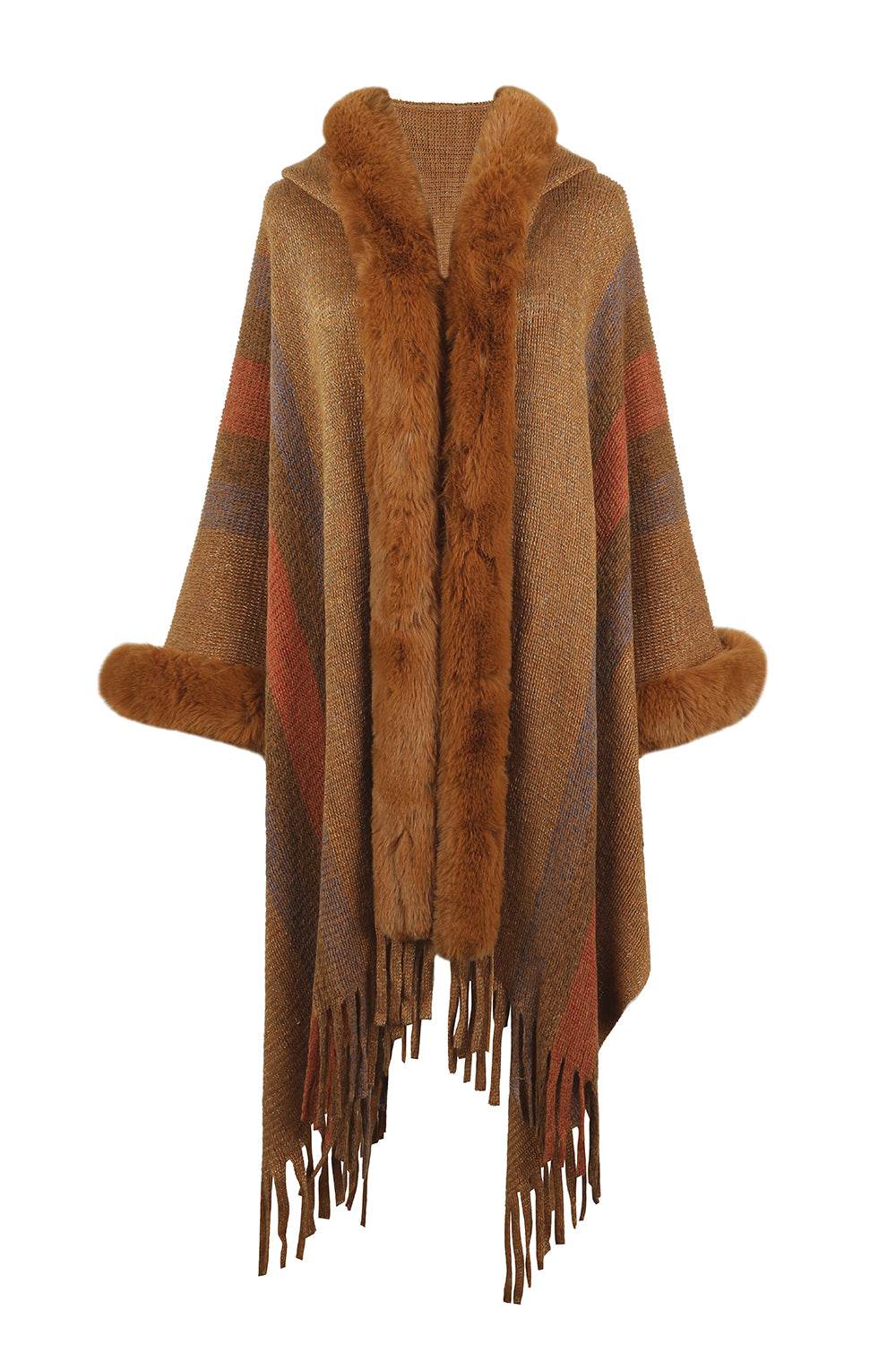 Color Block Fringe Detail Poncho - Delanoir
