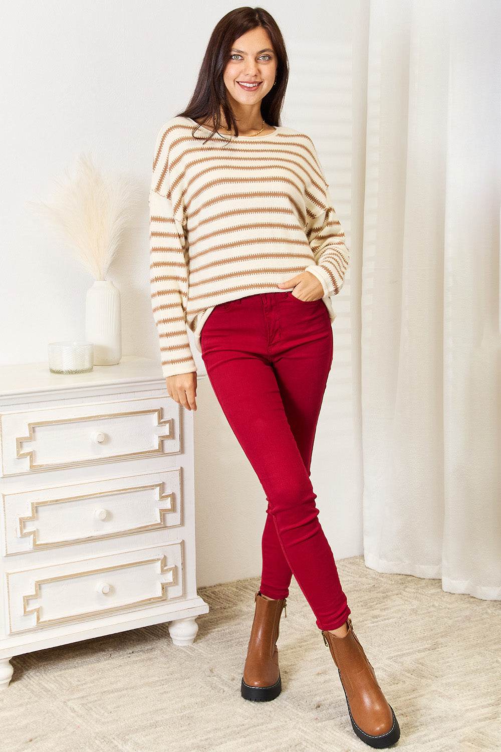 Double Take Striped Boat Neck Sweater - Delanoir
