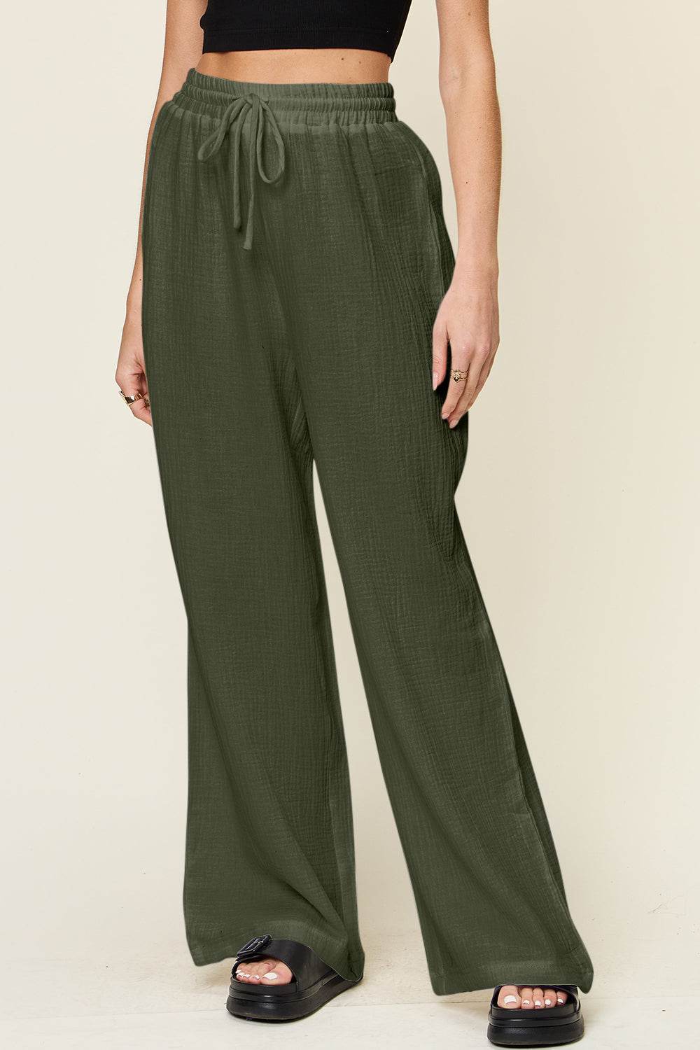 Double Take Full Size Texture Drawstring Wide Leg Pants - Delanoir