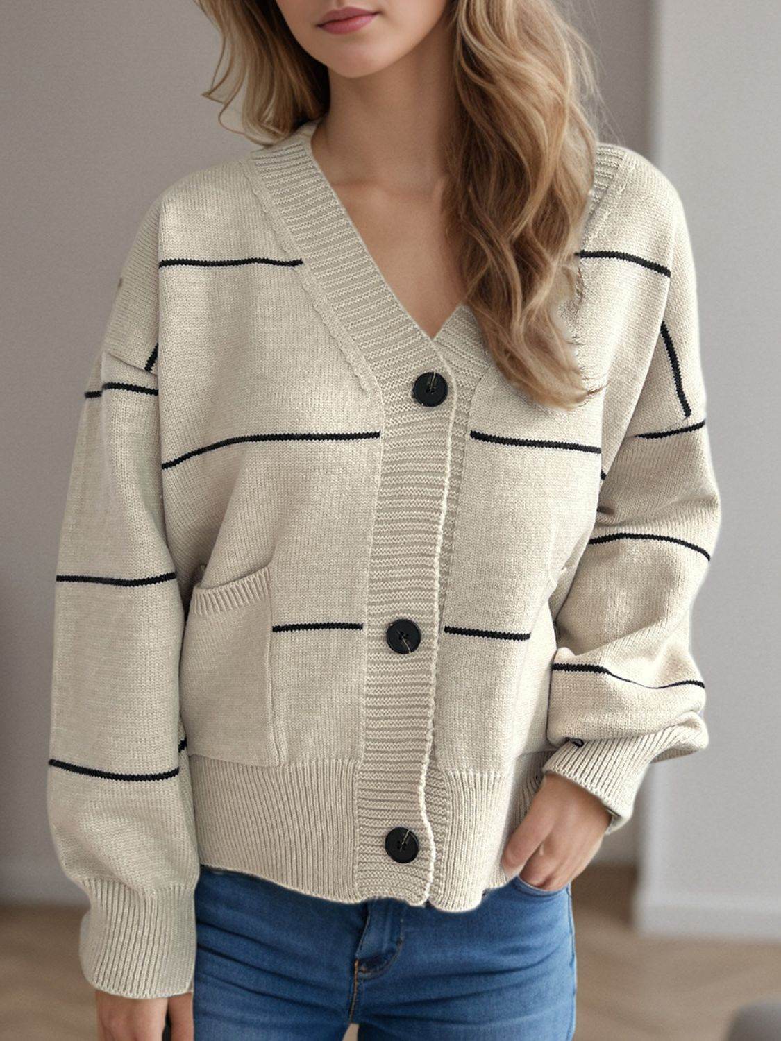 Striped Button Down V-Neck Long Sleeve Cardigan - Delanoir