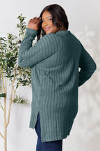 Basic Bae Full Size Ribbed Round Neck Long Sleeve Slit Top - Delanoir