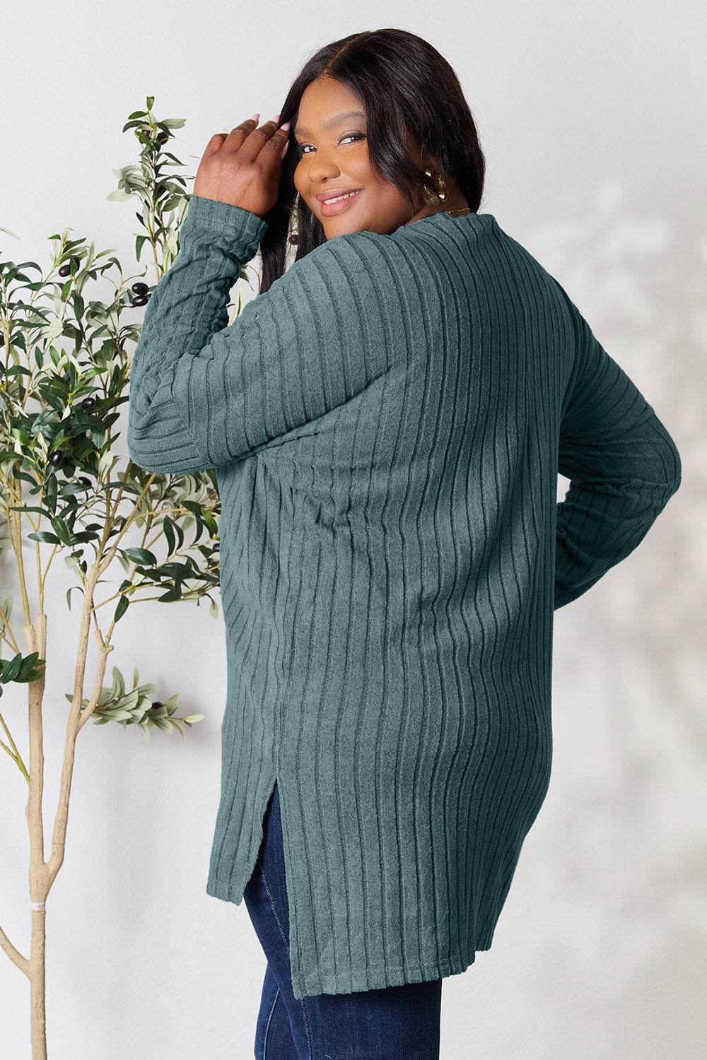 Basic Bae Full Size Ribbed Round Neck Long Sleeve Slit Top - Delanoir