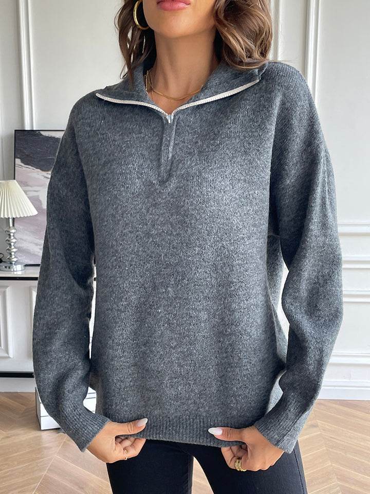 Half Zip Dropped Shoulder Sweater - Delanoir