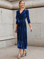 Surplice Puff Sleeve Midi Dress - Delanoir