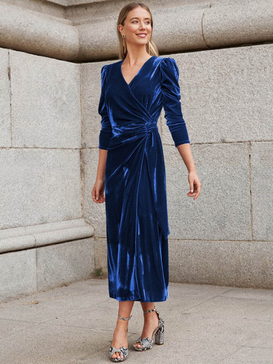 Surplice Puff Sleeve Midi Dress - Delanoir