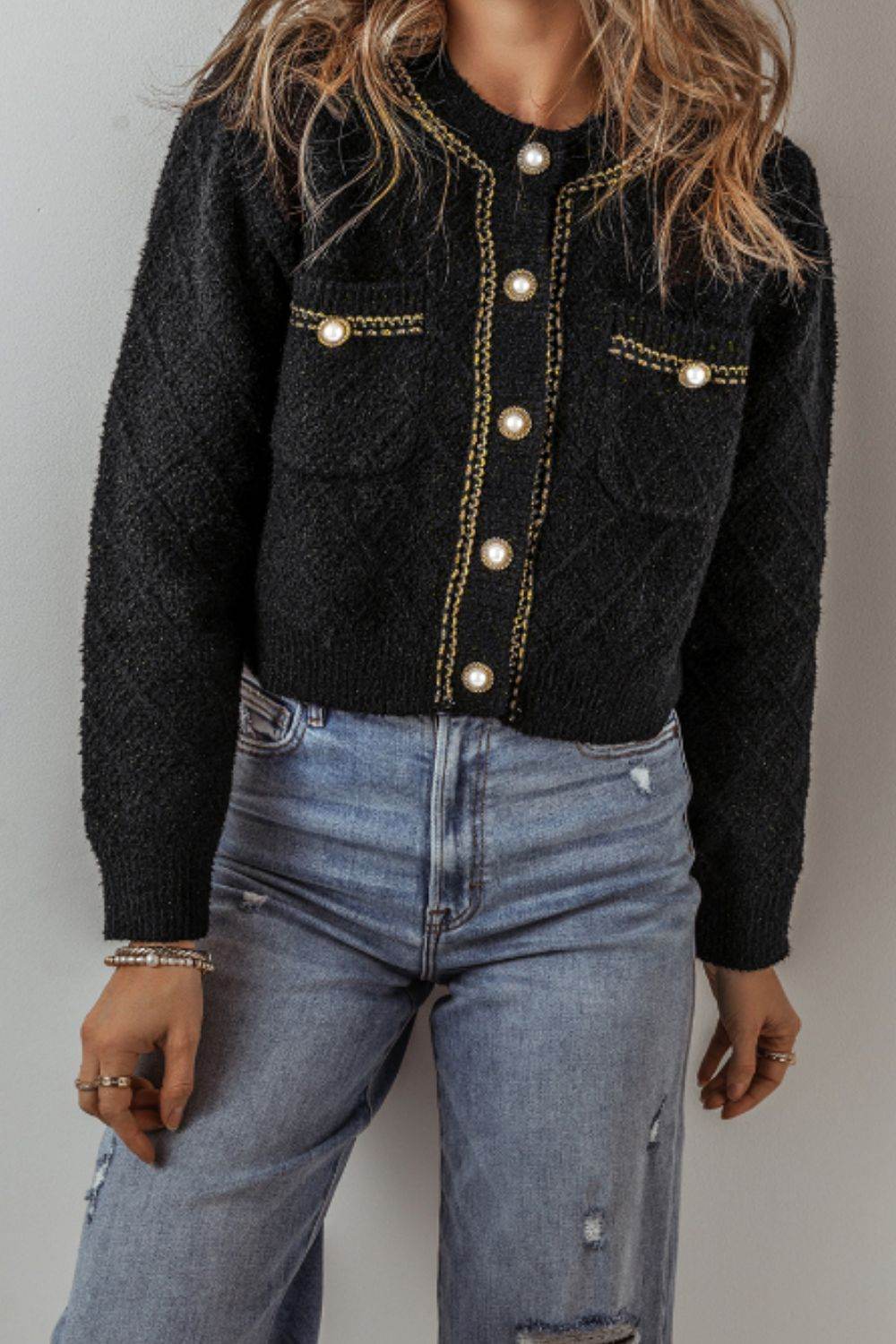 Round Neck Button Up Long Sleeve Cardigan - Delanoir