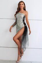Zebra Print Rhinestone Slit Single Shoulder Dress - Delanoir