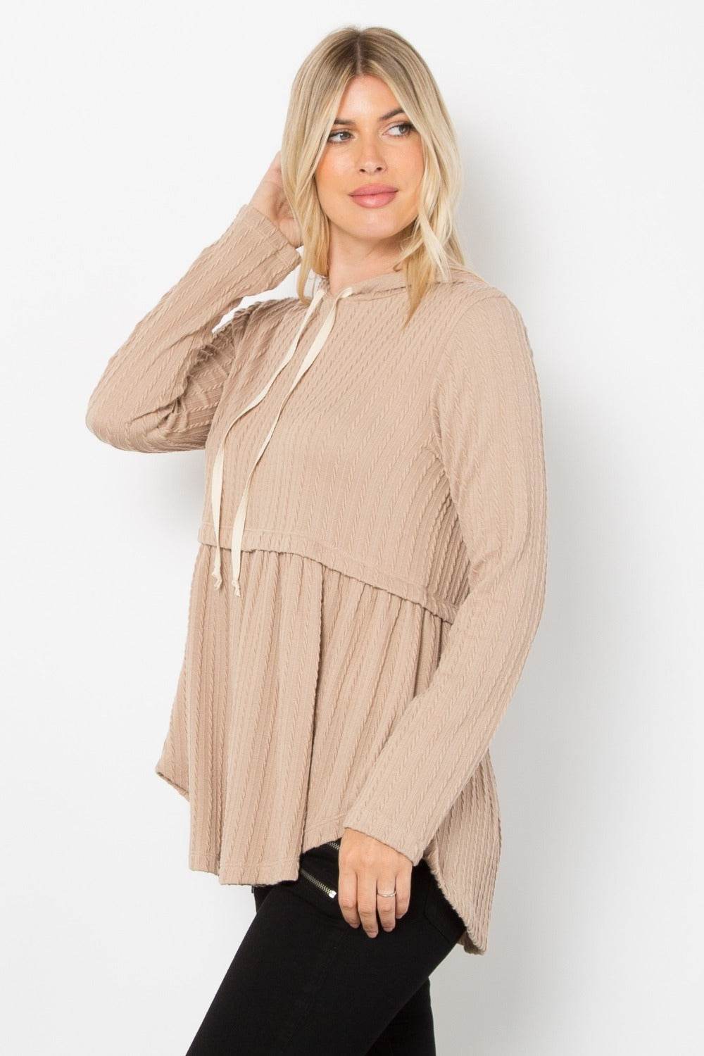 Be Stage Full Size Long Sleeve Peplum Cable Knit Hoodie - Delanoir
