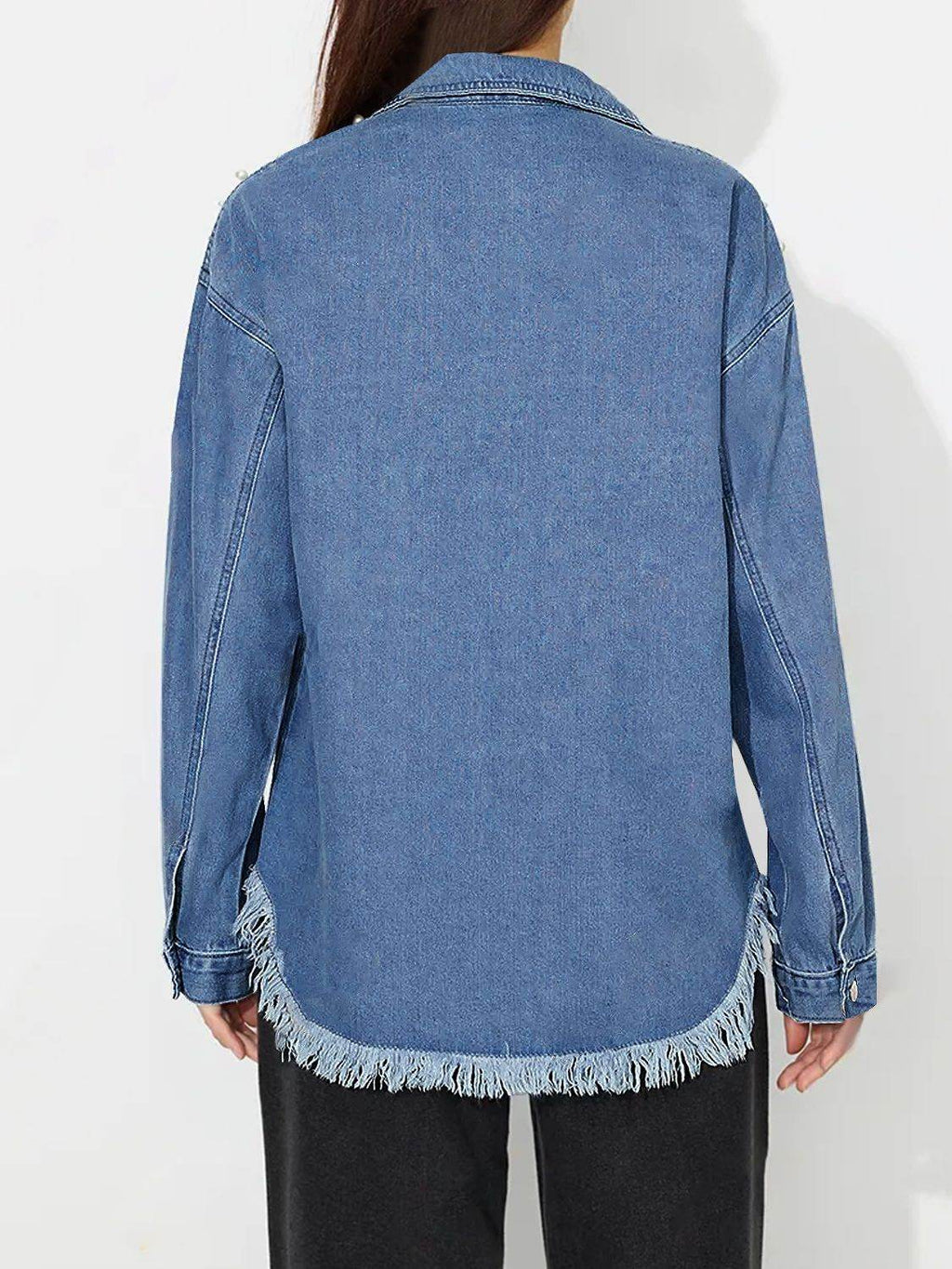 Raw Hem Pearl Trim Collared Neck Denim Top - Delanoir