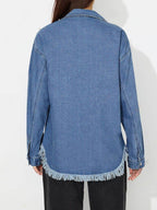 Raw Hem Pearl Trim Collared Neck Denim Top - Delanoir