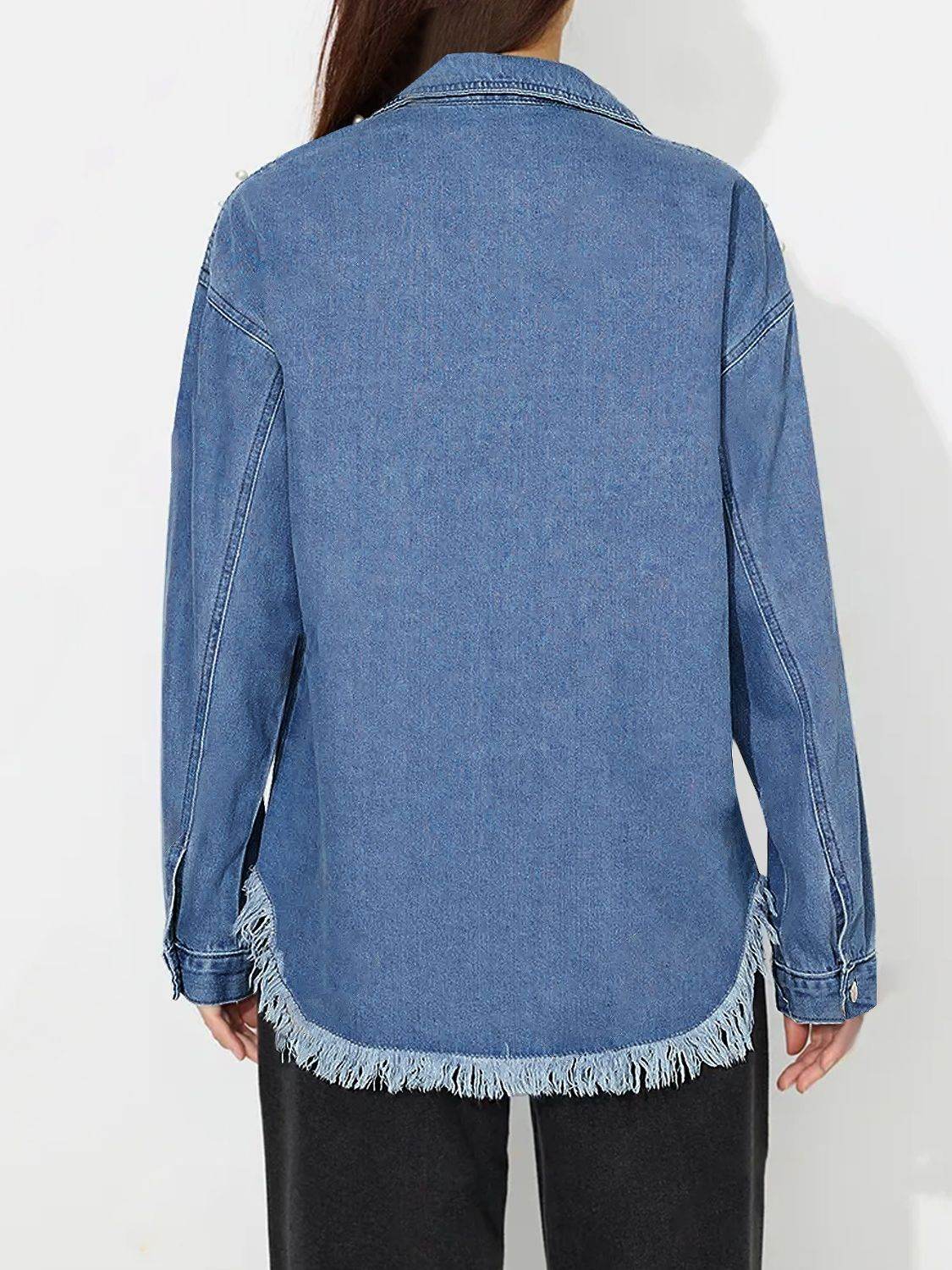 Raw Hem Pearl Trim Collared Neck Denim Top - Delanoir