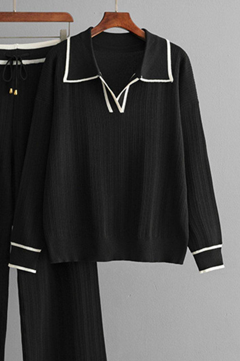 Contrast Trim Johnny Collar Top and Drawstring Pants Sweater Set - Delanoir