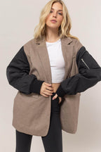 HYFVE Herringbone Mixed Media Contrast Long Sleeve Blazer - Delanoir