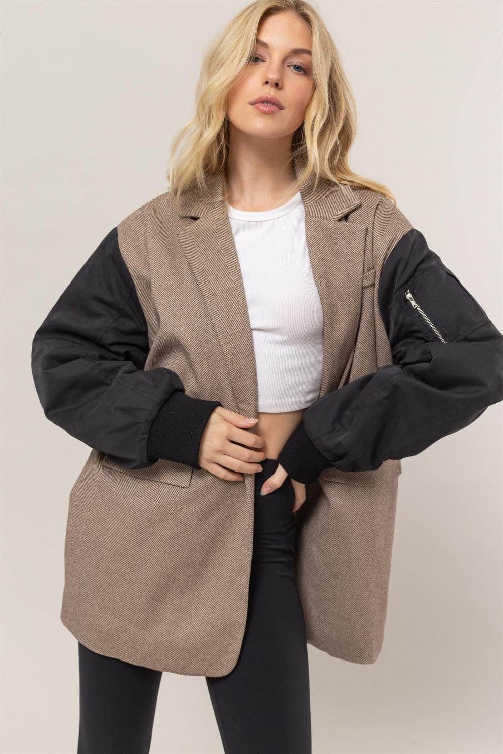 HYFVE Herringbone Mixed Media Contrast Long Sleeve Blazer - Delanoir