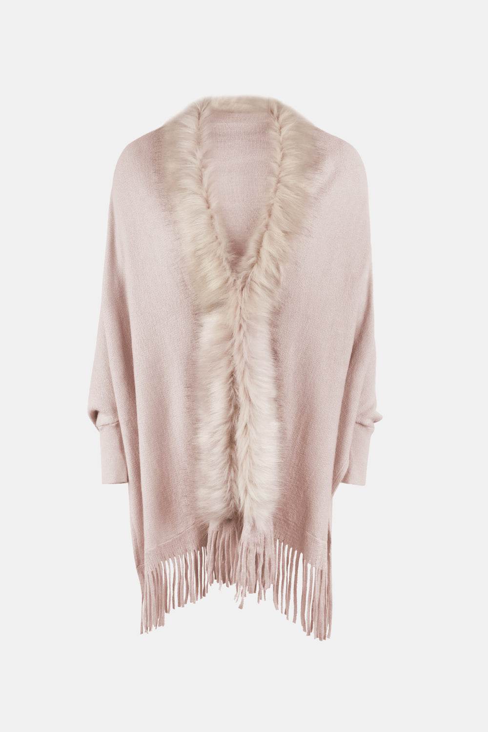 Fringe Open Front Long Sleeve Poncho - Delanoir