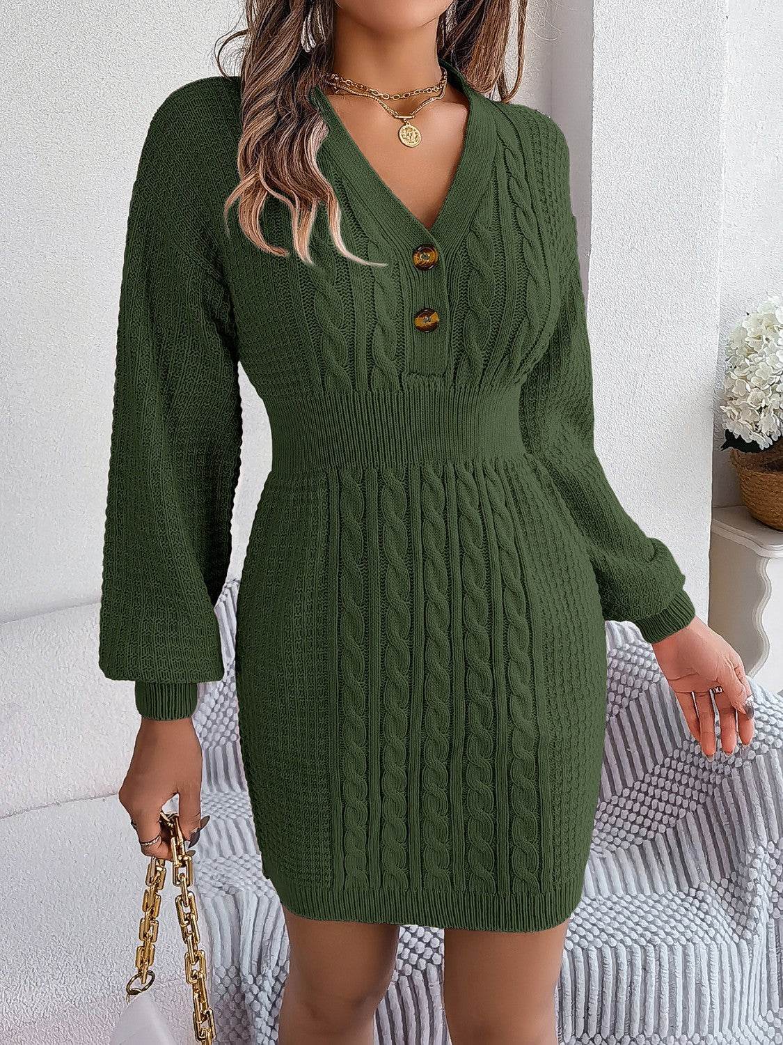 Buttoned Cable-Knit V-Neck Sweater Dress - Delanoir