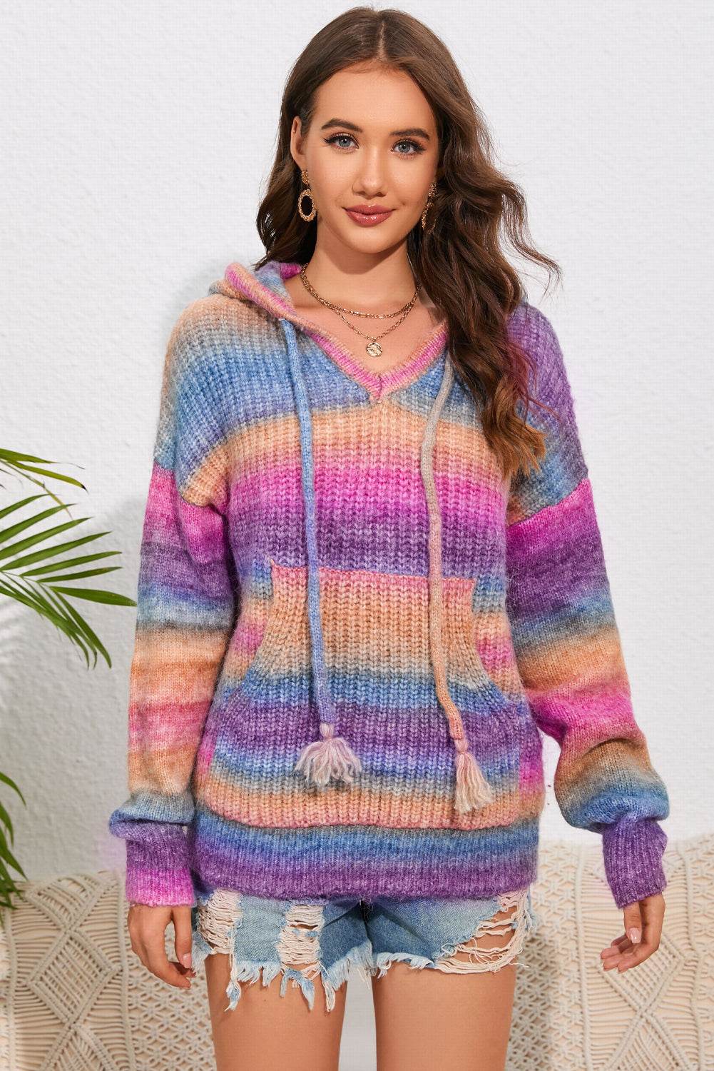 Multicolor Dropped Shoulder Hooded Sweater - Delanoir