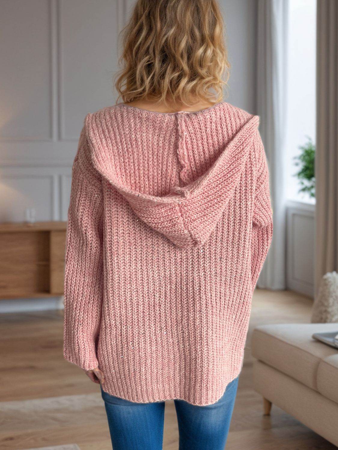 Sequin Detail Long Sleeve Hooded Cardigan - Delanoir