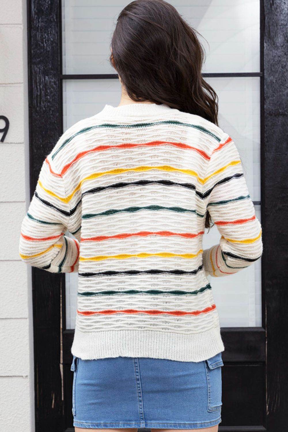 Striped Round Neck Long Sleeve Sweater - Delanoir
